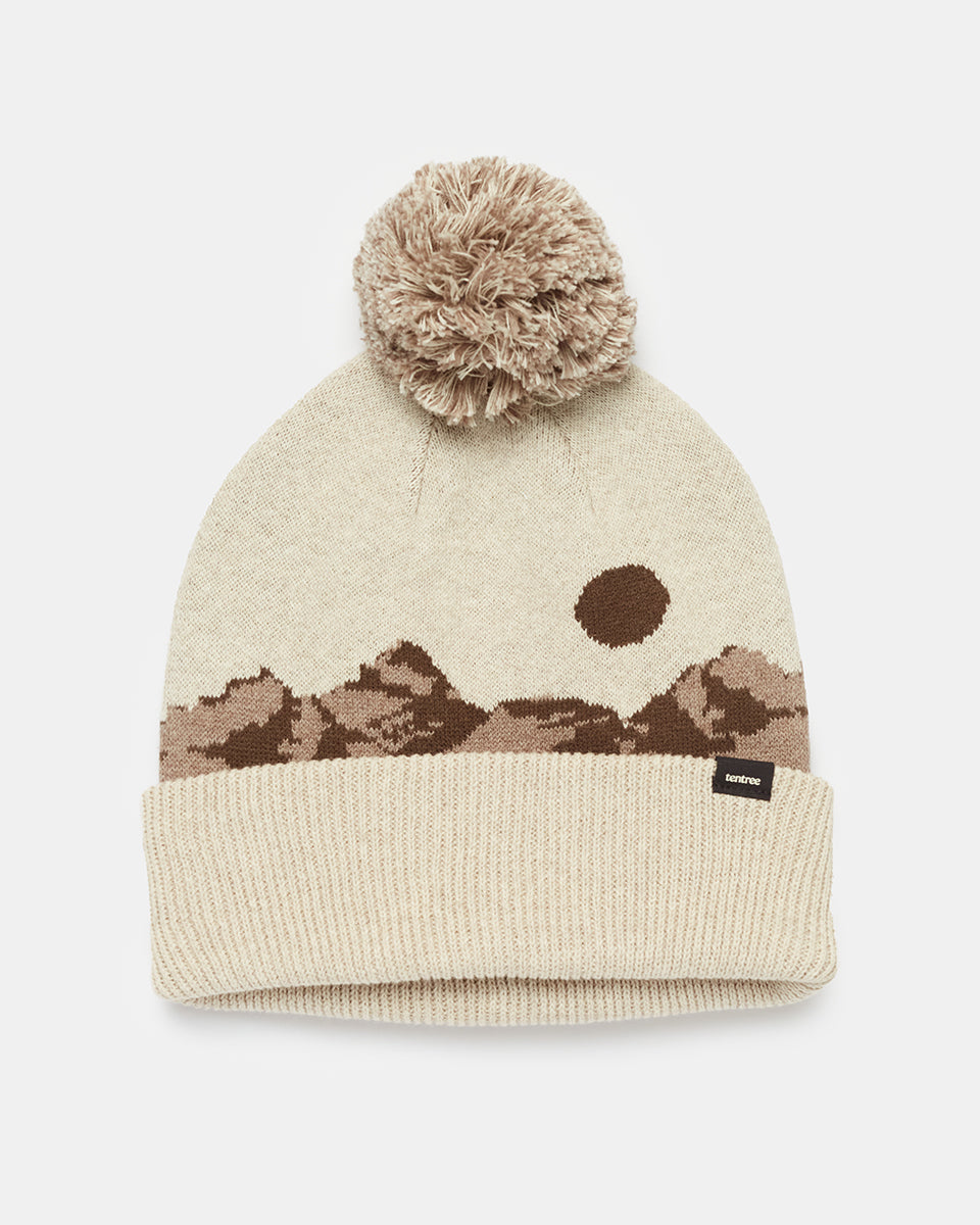 Snowy Mountain Landscape Decorated Organic Cotton Pom Beanie for Cozy Cabin Days