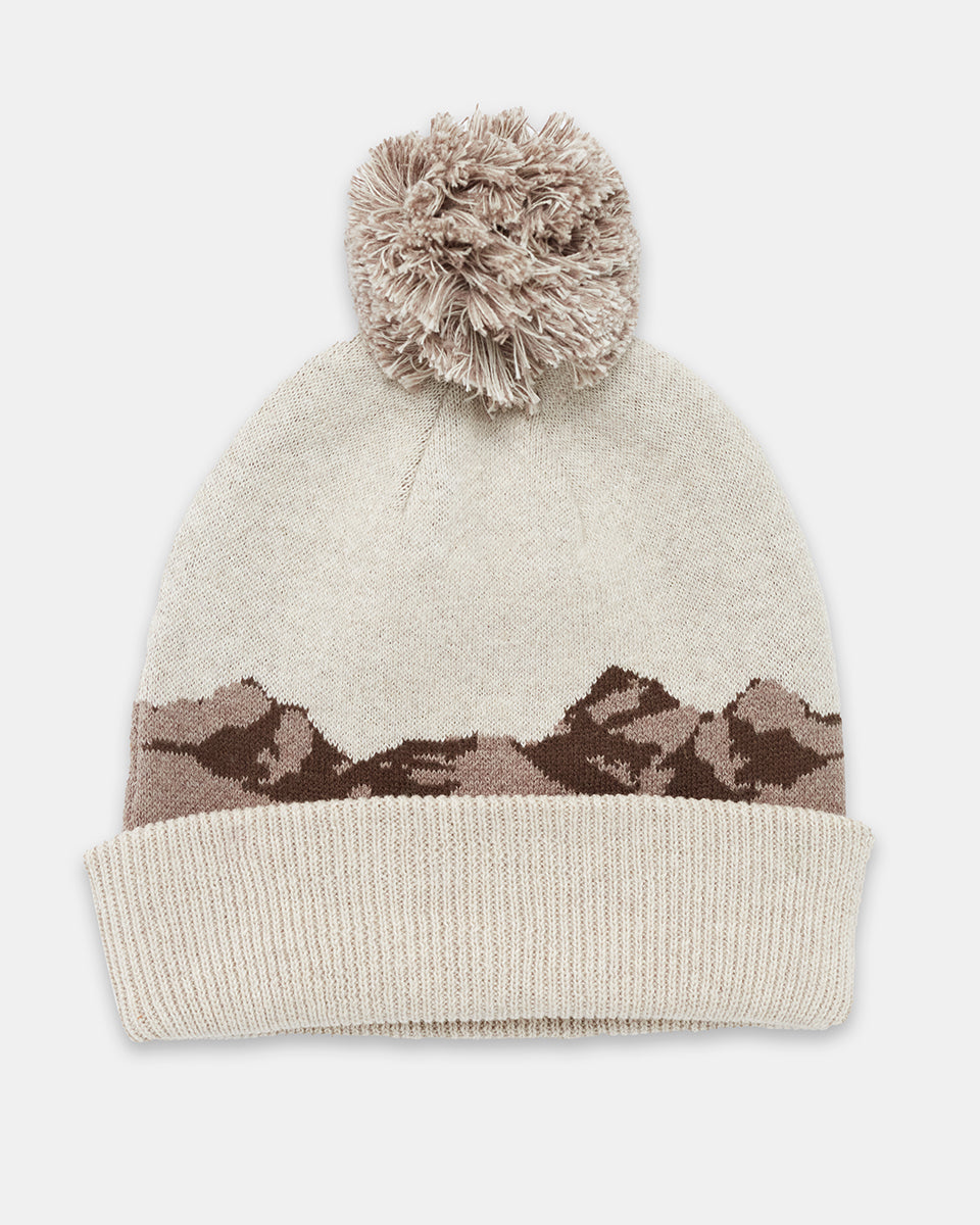 Snowy Mountain Landscape Decorated Organic Cotton Pom Beanie for Cozy Cabin Days