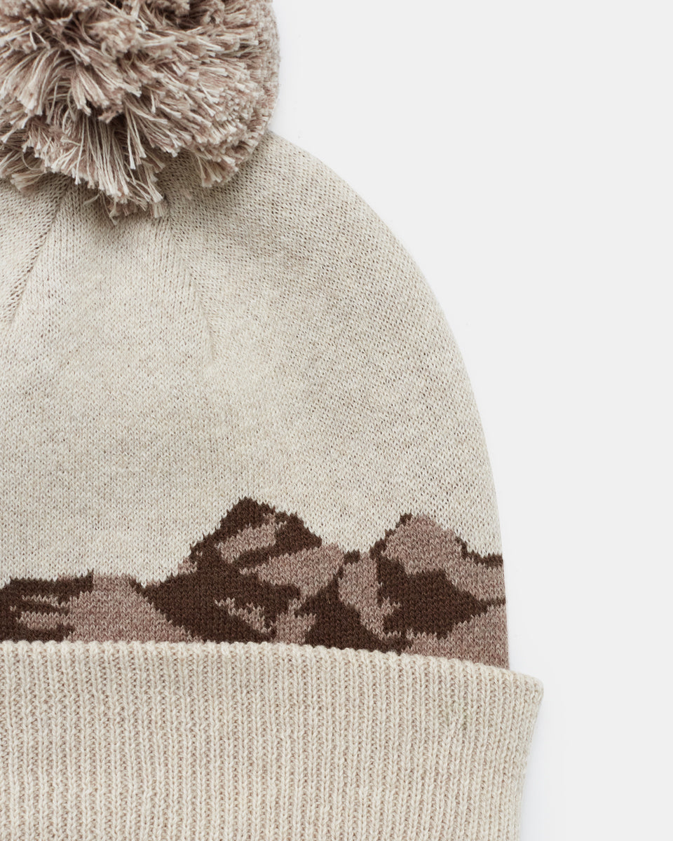 Snowy Mountain Landscape Decorated Organic Cotton Pom Beanie for Cozy Cabin Days